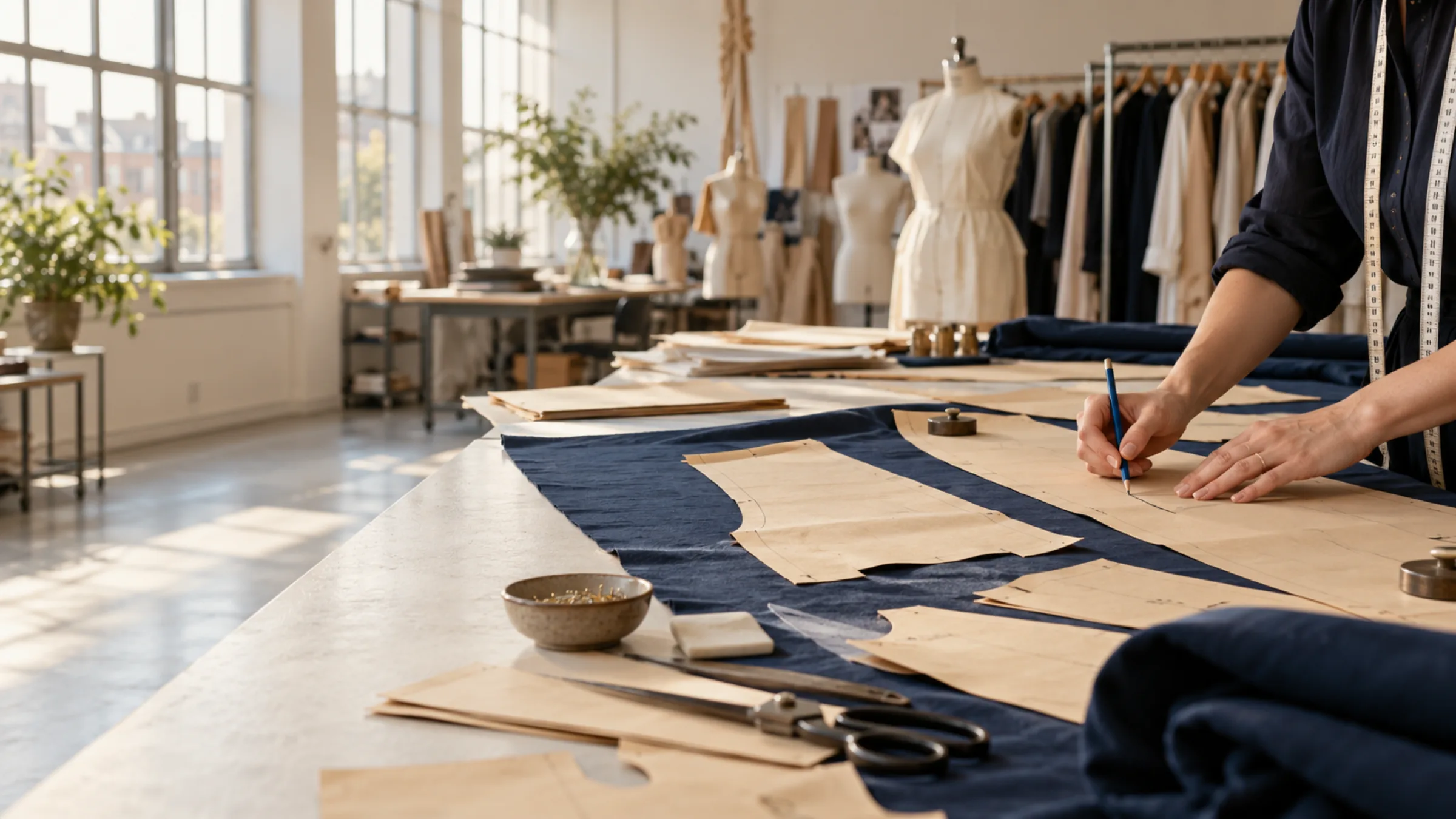 Fashion Product Development & Manufacturing in London 4 A pattern cutter marking a paper pattern with a blue pencil on navy fabric in a bright London studio
